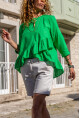 Kadın Yeşil Eteği Katlı Fırfırlı Vual Bluz BST700-3571
