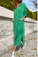 Kadın Yeşil Kapüşonlu Cebi Pullu Salaş Keten Görünümlü Uzun Elbise RSD1224