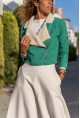 Kadın Yeşil Kendinden Desenli Kaşe Yakası Peluş Fermuarlı Crop Ceket Bst3455