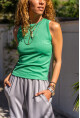 Kadın Yeşil Kolsuz Likralı Fitilli Basic T-Shirt BST700-3590