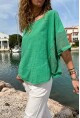 Kadın Yeşil Yıkamalı Keten Görünümlü File Detaylı Salaş Bluz RSD1208