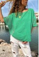Kadın Yeşil Yıkamalı Keten Görünümlü File Detaylı Salaş Bluz RSD1208